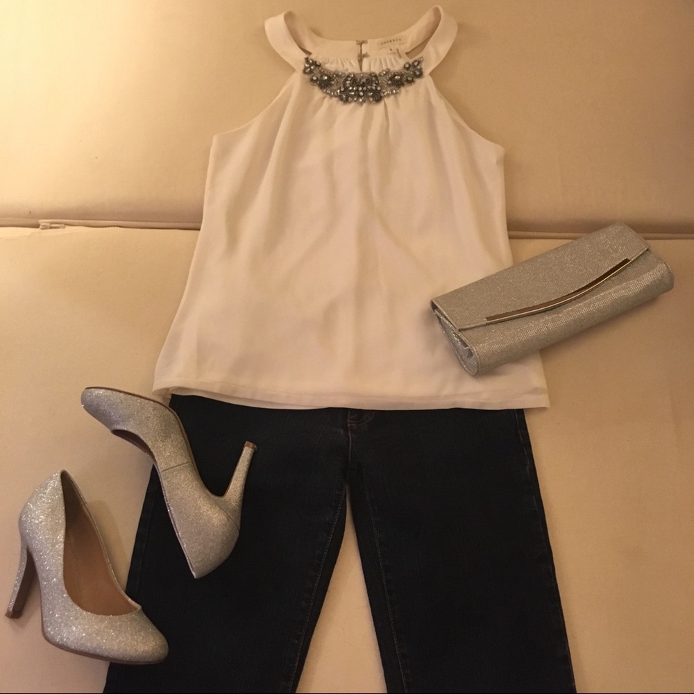 EUC ModCloth Soiéblu beaded ivory chiffon top XS